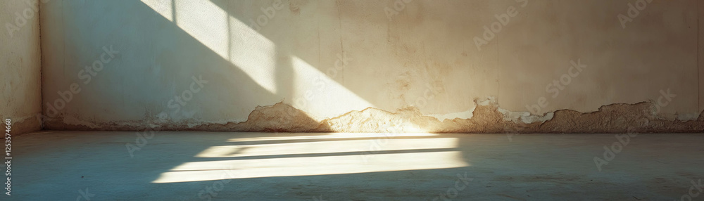 Poster light enters through the crack in the wall of an empty room with textured surfaces