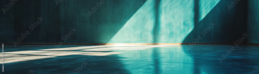 Poster Bright and airy empty room with reflections on the shiny floor and textured walls