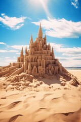 Intricate sandcastle stands proudly on a sunny beach, evoking dreams of fantasy vacations and seaside adventures