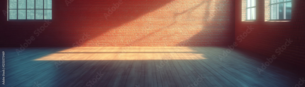 Poster Bright and airy empty room with diffused lighting and textured brick walls for creative use