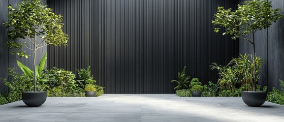 Elegant Black Wooden Wall with Vertical Plank Pattern Surrounded by Lush Greenery in a Modern Indoor Space