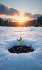 Young green sprout emerging from soil surrounded by snow at sunrise. Nature resilience and new life concept. Spring awakening and seasonal change. Environmental growth and hope symbolism.

