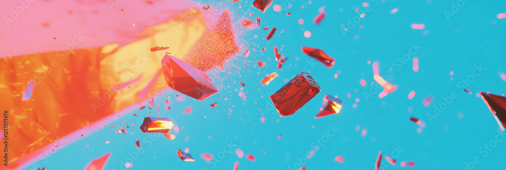 Poster Exploding shapes and fragmented lines illustrating dynamic force on a bright backdrop