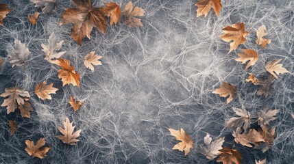 Generative AI illustration showing top view of transparent dry leaves with tentacle network spread over grey autumn forest surface