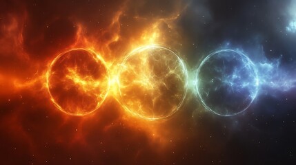 Obraz premium Cosmic Energy Orbs Radiate Fiery And Icy Hues Across Space