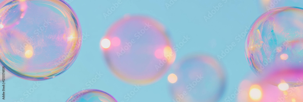Poster bubbles floating in the air reflecting a bright sky and soft light on a sunny day