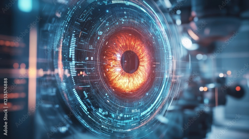Poster highly detailed, futuristic digital eye surrounded by a complex technological interface. the image c
