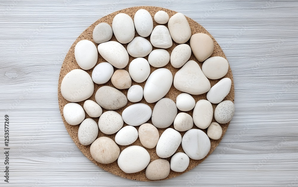 Poster light beige and white pebbles in a round pattern on a cork base with smooth surfaces and clean lines