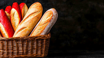 Crusty baguettes in wicker basket, dark background. Food photography for bakery menu
