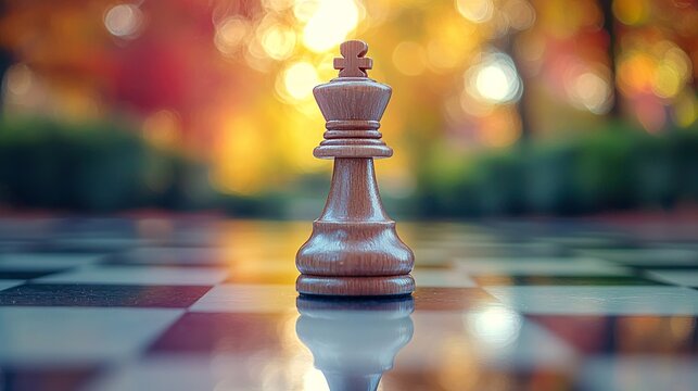 mastering strategy: the king chess piece amidst a colorful autumn background