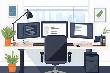 Modern Home Office Setup with Multiple Monitors and Plants