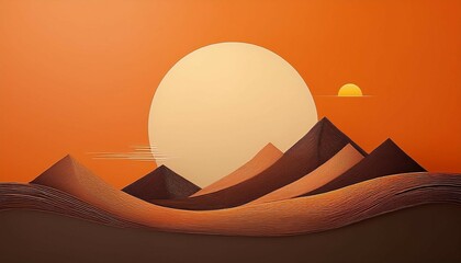 a minimalist mountain and sun scene drawn in clean lines on a muted orange wall creating a calming modern landscape