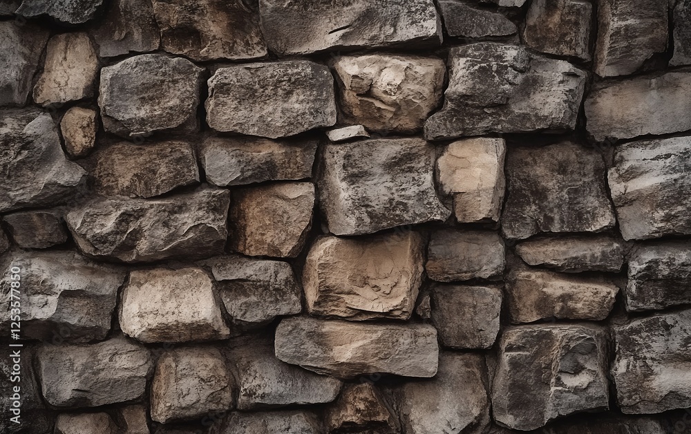 Poster close-up view of stacked stone wall with grey and beige blocks creating a rustic pattern for archite
