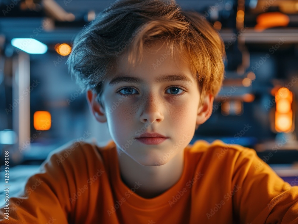 Poster inspiring innovation watch this young boy using a 3d printer to create a prototype model, fostering 