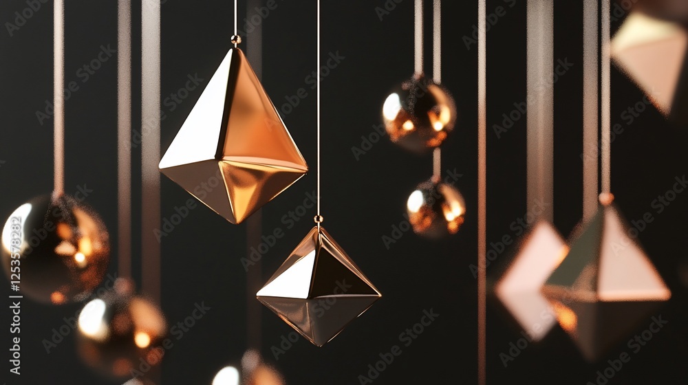Poster hanging geometric shapes with metallic finish, creating a sophisticated abstract design