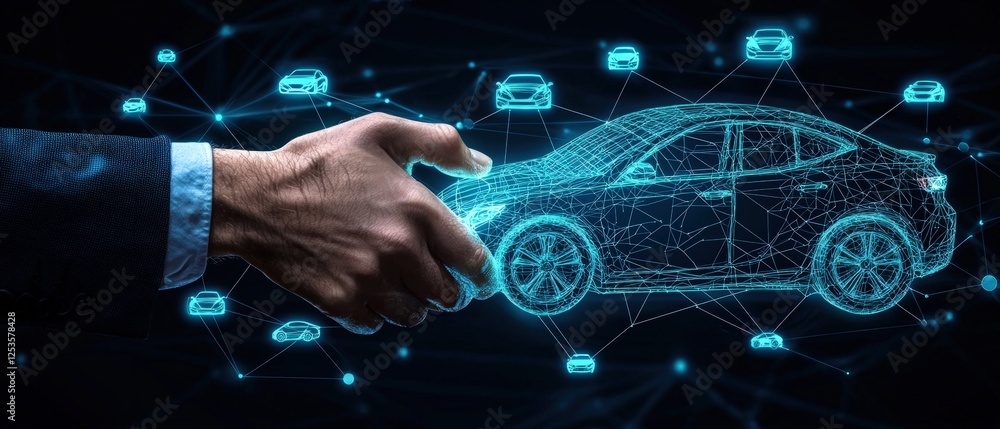 Aufkleber hands exchanging glowing digital car concept with futuristic technology and data visualization eleme