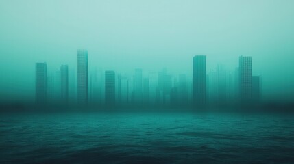 Fototapeta premium Mysterious Urban Landscape in Fog with Water Reflection at Dusk