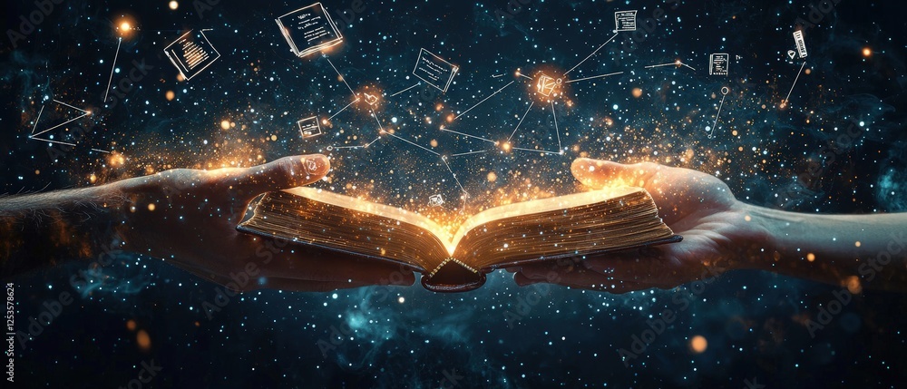Poster two hands exchanging a glowing book surrounded by sparkling light and mysterious symbols in a cosmic