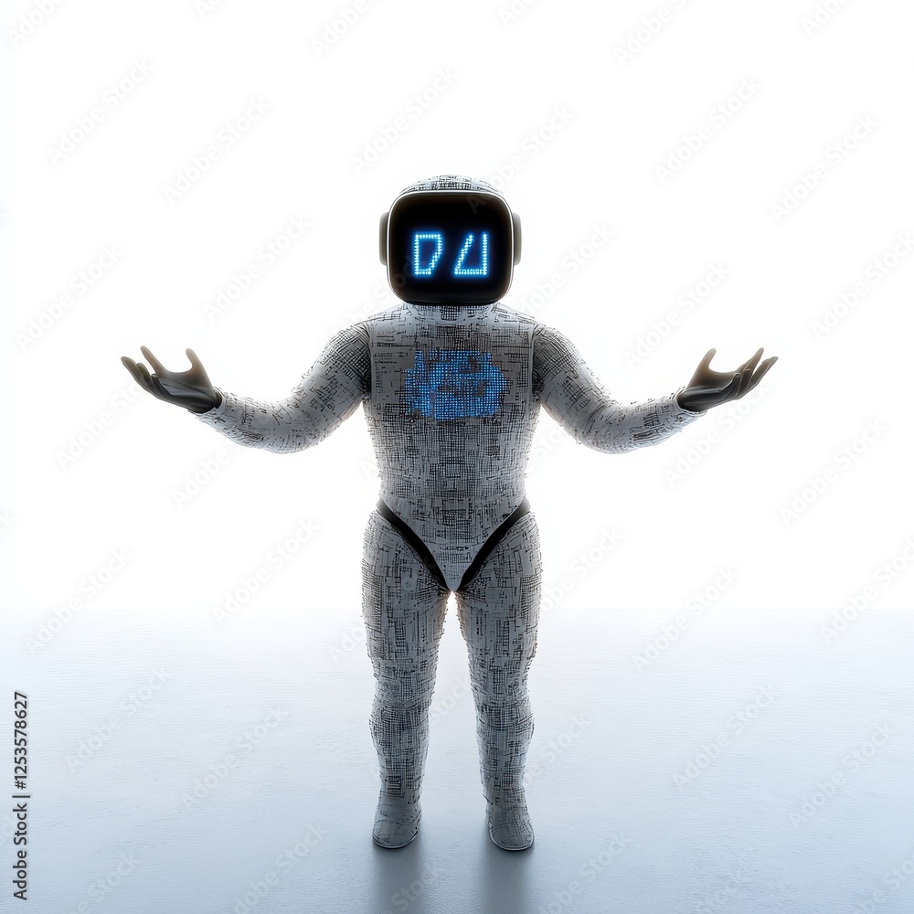 Poster futuristic robot character with display screen head