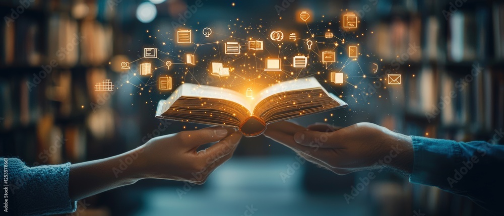 Aufkleber hands exchanging glowing book illuminated with digital icons in library setting