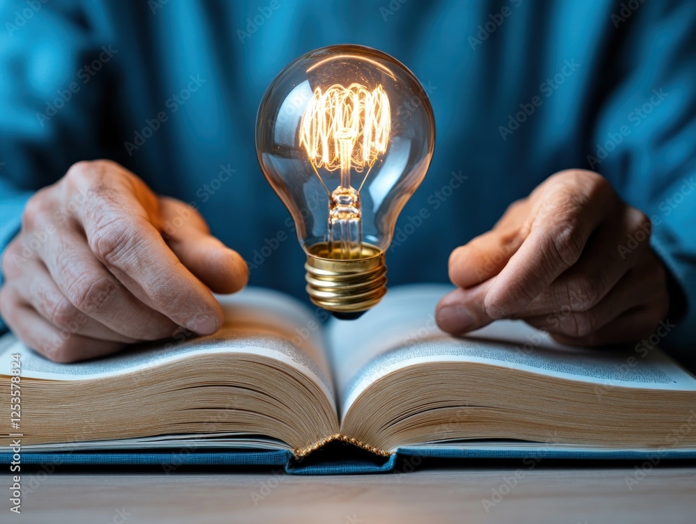 Poster unleash your creative potential a light bulb glowing on a book is a powerful metaphor for inspiratio