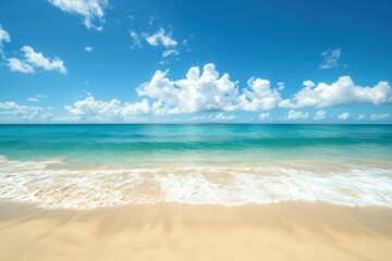 Fototapeta premium beach. Blue sky with light clouds turquoise ocean with rolling surf with white foam water bubble surface ripple tropical summer