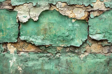 Obraz premium Weathered green paint peeling off old brick wall, ideal for texture background