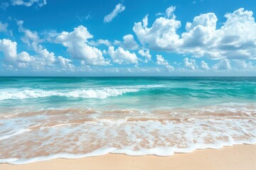 Fototapeta premium beach. Blue sky with light clouds turquoise ocean with rolling surf with white foam water bubble surface ripple tropical summer