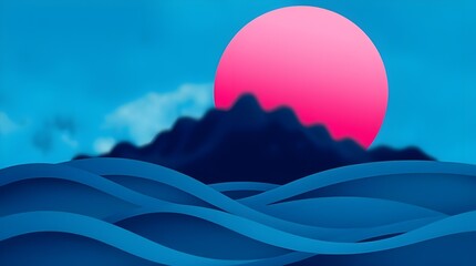 A Beautiful, Tranquil Sunset Occurring Over Gentle Waves in Stunning Vibrant Blue Tones