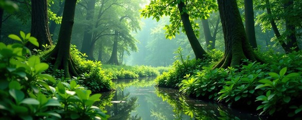 Naklejka premium Overgrown vegetation in a secluded forest marsh, peace, overgrowth, serene atmosphere