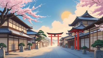 Fototapeta premium Serene illustration of a quintessential Japanese street scene at dawn