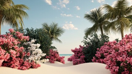 Fototapeta premium Lush Tropical Paradise with Colorful Flowers and Clear Blue Sky
