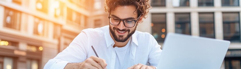 Unlock your potential with flexible online learning Witness a dedicated man writing notes during an online certification course, absorbing knowledge and skills for professional growth Explore the