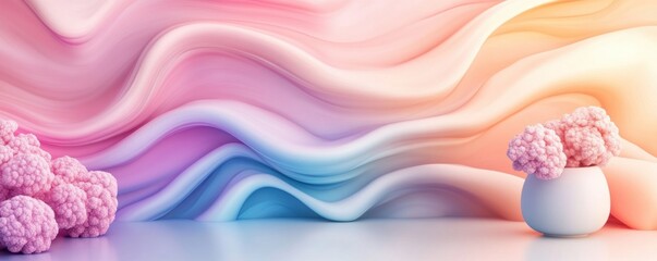 Visualize a Diverse virtual meeting with multinational team members Witness the blend of soft pastel hues in a serene studio backdrop, enhancing the collaborative atmosphere Observe gentle gradients