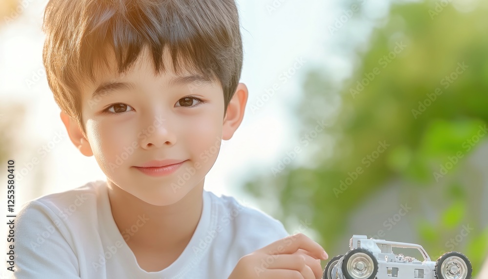 Poster witness the spark of innovation as a bright male elementary school student diligently assembles a ro