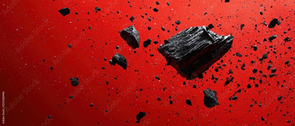 Aufkleber fiery abstract digital artwork featuring black rocks on a vibrant red background with dynamic elemen