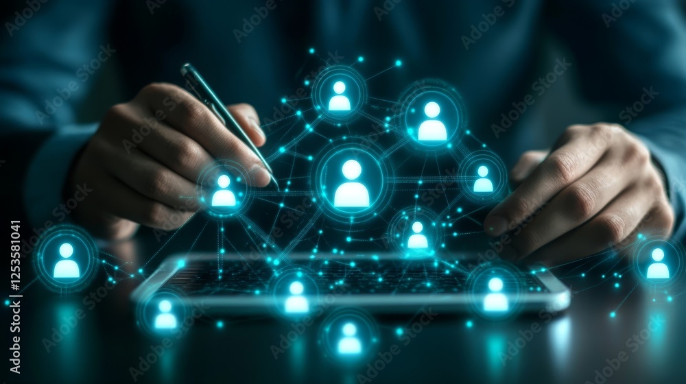 Poster global network visualization, person working on laptop with connected dots representing worldwide co