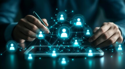 Global network visualization, person working on laptop with connected dots representing worldwide communication