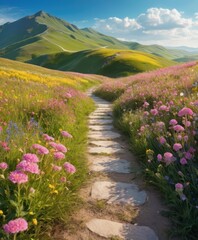 A scenic mountain path through green meadows under a blue sky