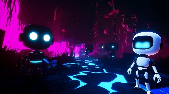 Futuristic Robot Scene with Glowing Elements in a Mysterious Dark Environment