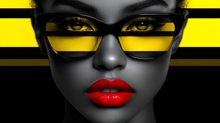 Bold portrait of woman with striking red lips and yellow tinted glasses