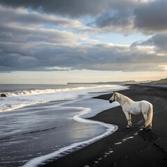 iceland black sand beach with majestic white horse
