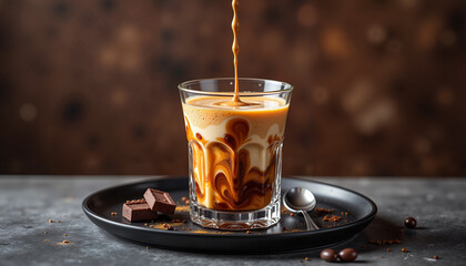 Contemporary Irish coffee swirling in glass on elegant tray, indulgence