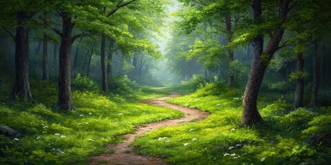 Obraz premium Serene Forest Pathway with Lush Greenery and Sunlight Filtering Through