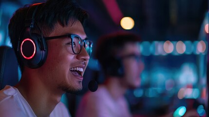 Joyful Gamer in Headset Engaged in Online Match