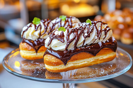 Buttery éclairs with glossy chocolate topping served in a chic restaurant or cafe, tempting viewers with a refined and indulgent atmosphere