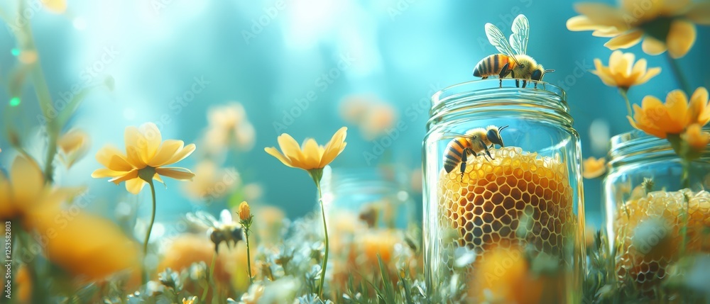 Poster 3d rendering of honeycomb structure surrounded by flowers and bees resting in a tranquil nature sett