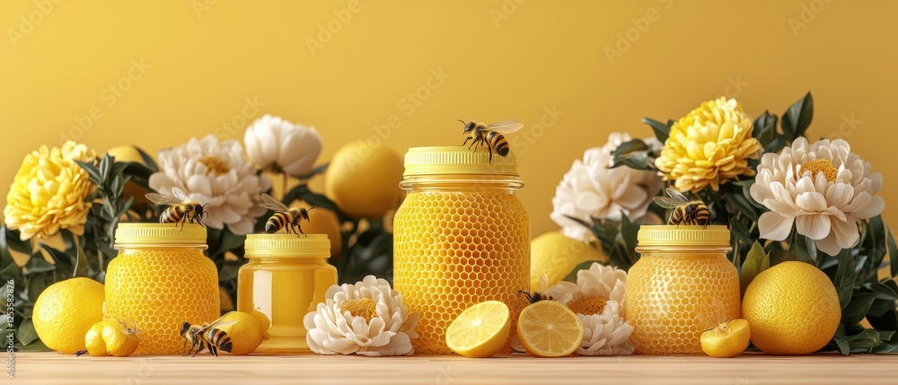 Poster 3d rendering of honeycomb displayed with bees relaxing amidst fresh lemons and flowers in a bright s