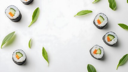 Veggie Sushi Rolls with Fresh Green Leaves on White Background