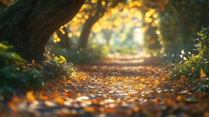 Tranquil autumn pathway lined with colorful leaves